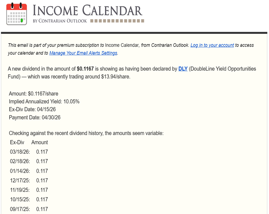 Income Calendar dividend declaration email alert